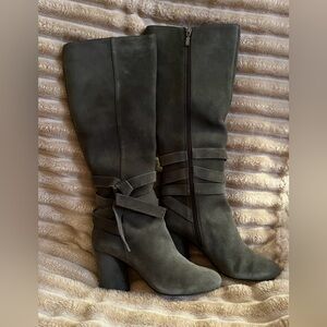 Over-the-Knee Suede Heeled Boots in Olive